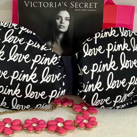 PINK Victoria’s Secret Black LOVE PINK Logo Bikini Top Size Small - Picture 2 of 7